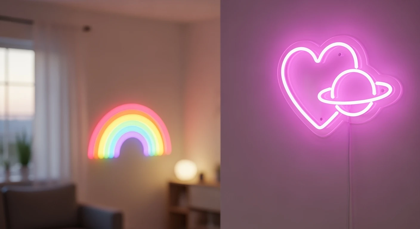 Roze neon lamp hart en planeet sieren moderne woonkamer. Subtiele neon verlichting zorgt voor sfeer.