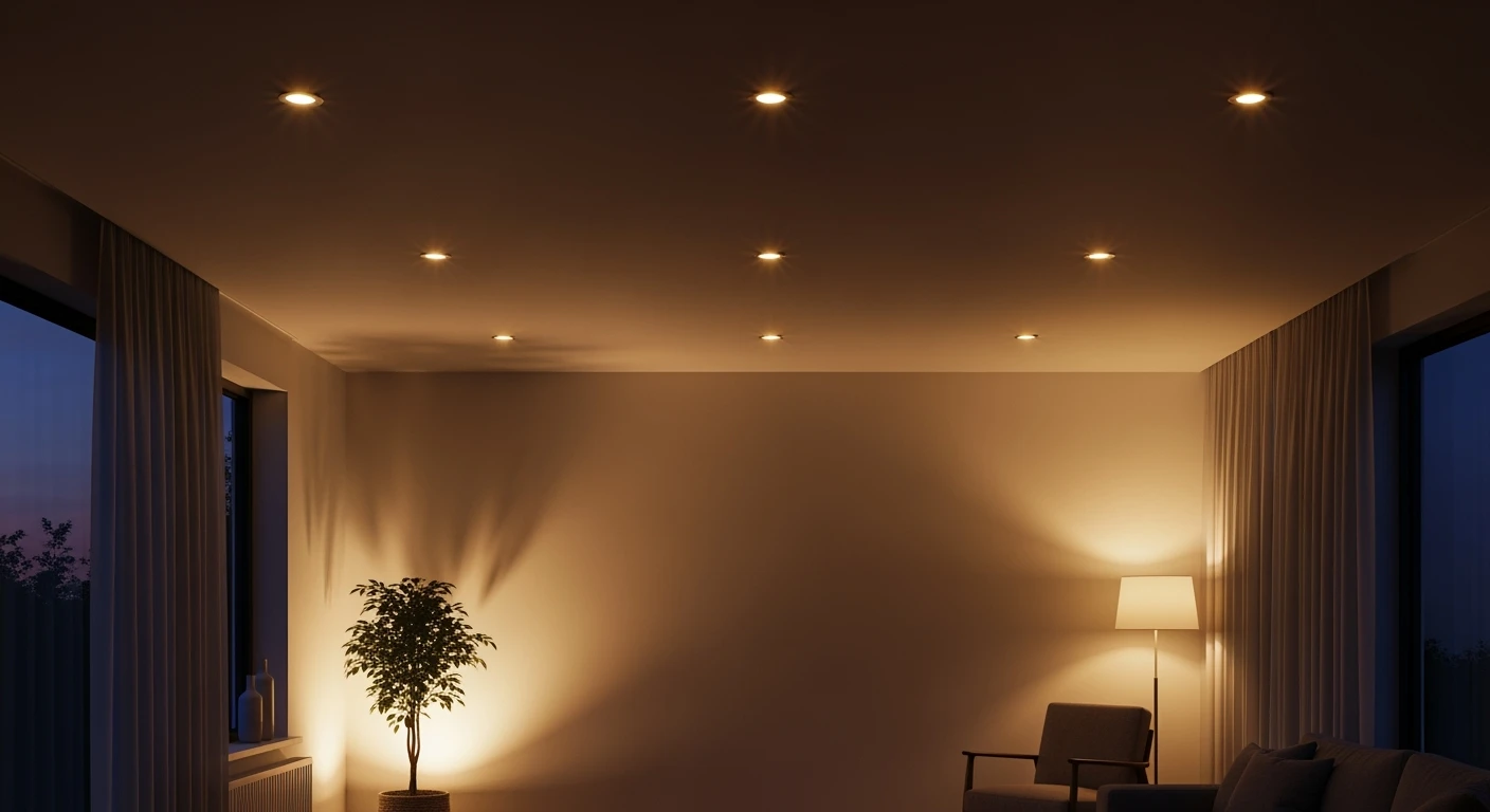 Sfeervolle led verlichting woonkamer met spotjes en hanglamp creëert een warme, moderne ambiance.
