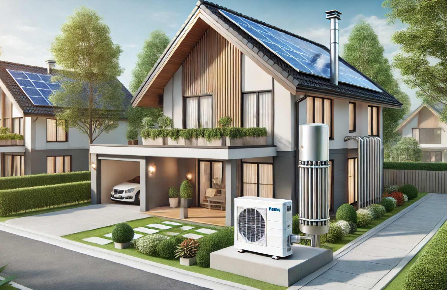 Huis met zonnepanelen en een warmtepomp (AI)