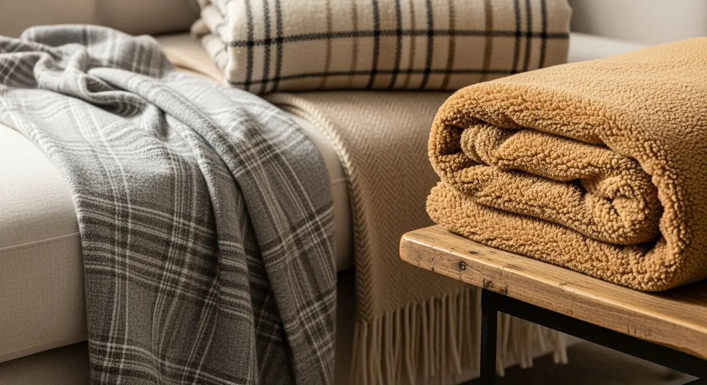 Beste plaid 2025: Zachte katoen, teddy fleece & zigzag plaid op sofa en houten tafel.