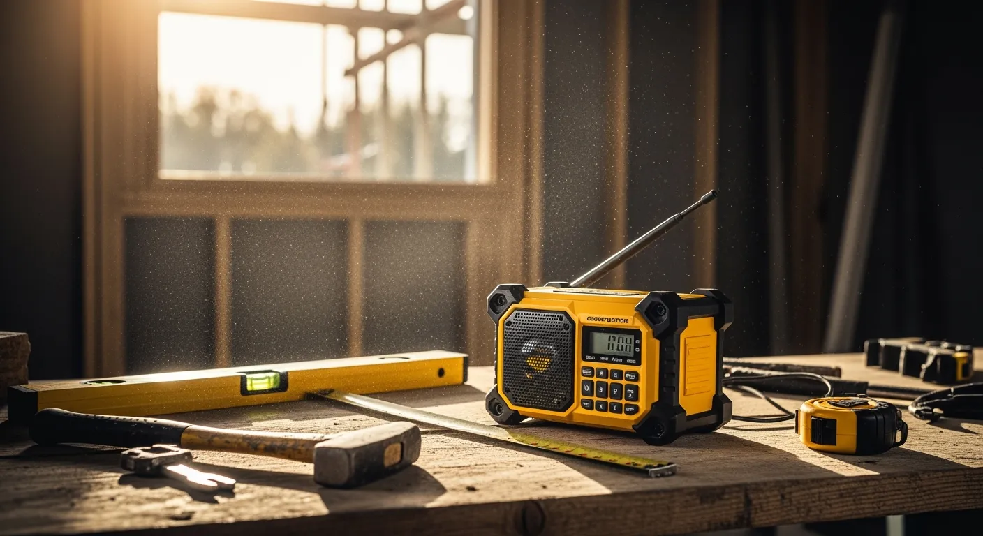 Gele bouwradio op bouwplaats. Robuuste radio bouw tussen gereedschap.