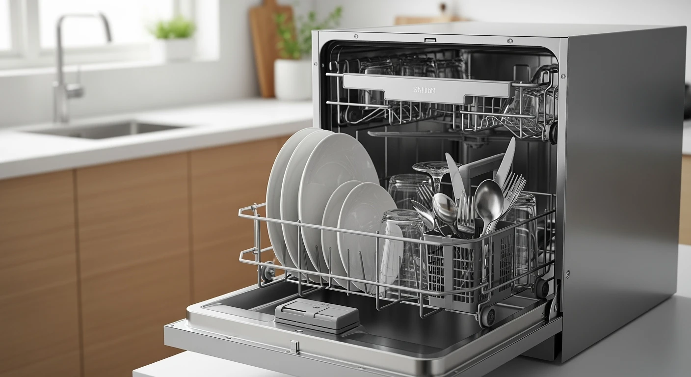 Mini vaatwasser in moderne keuken. Schone vaat, compact design. Ideaal voor kleine ruimtes.
