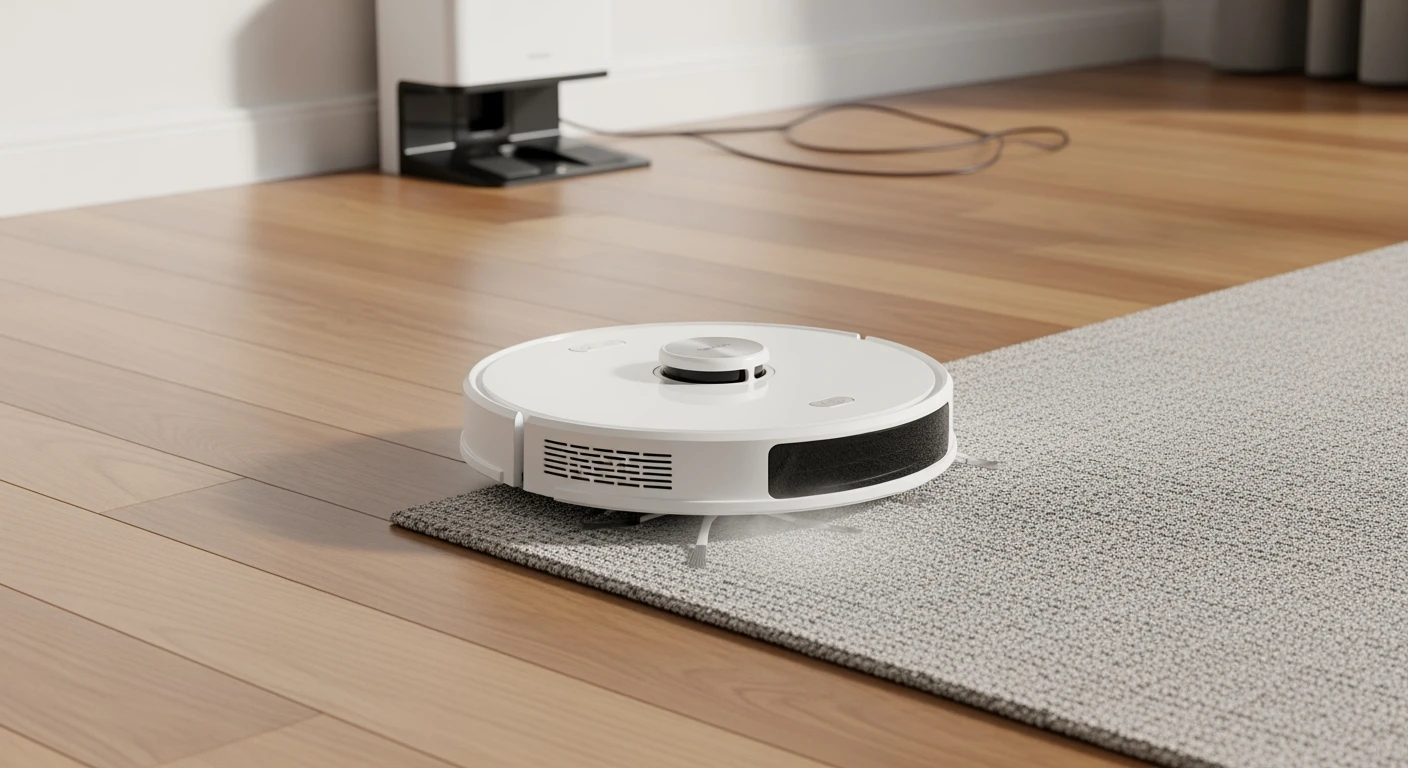 Robotstofzuiger reinigt naadloos hardhouten vloer en laagpolig tapijt in een moderne woonkamer.