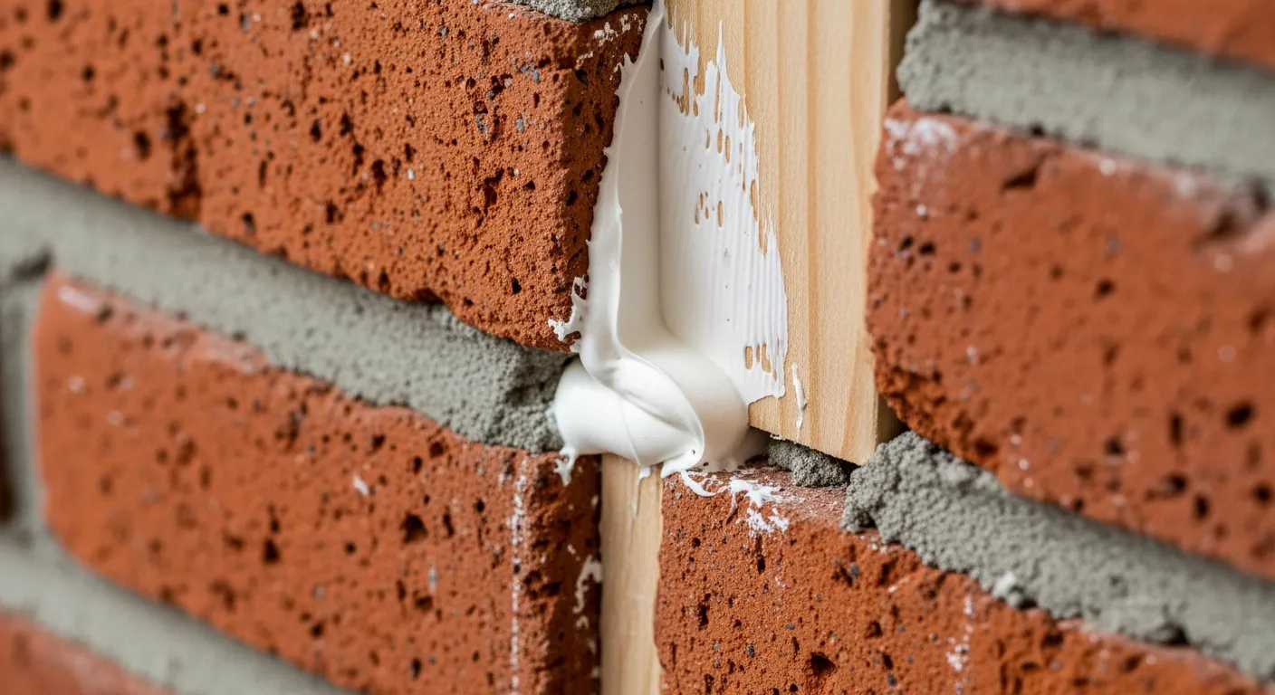 Montagekit aangebracht op een bakstenen muur. Krachtige kit montage voor sterke hechting.