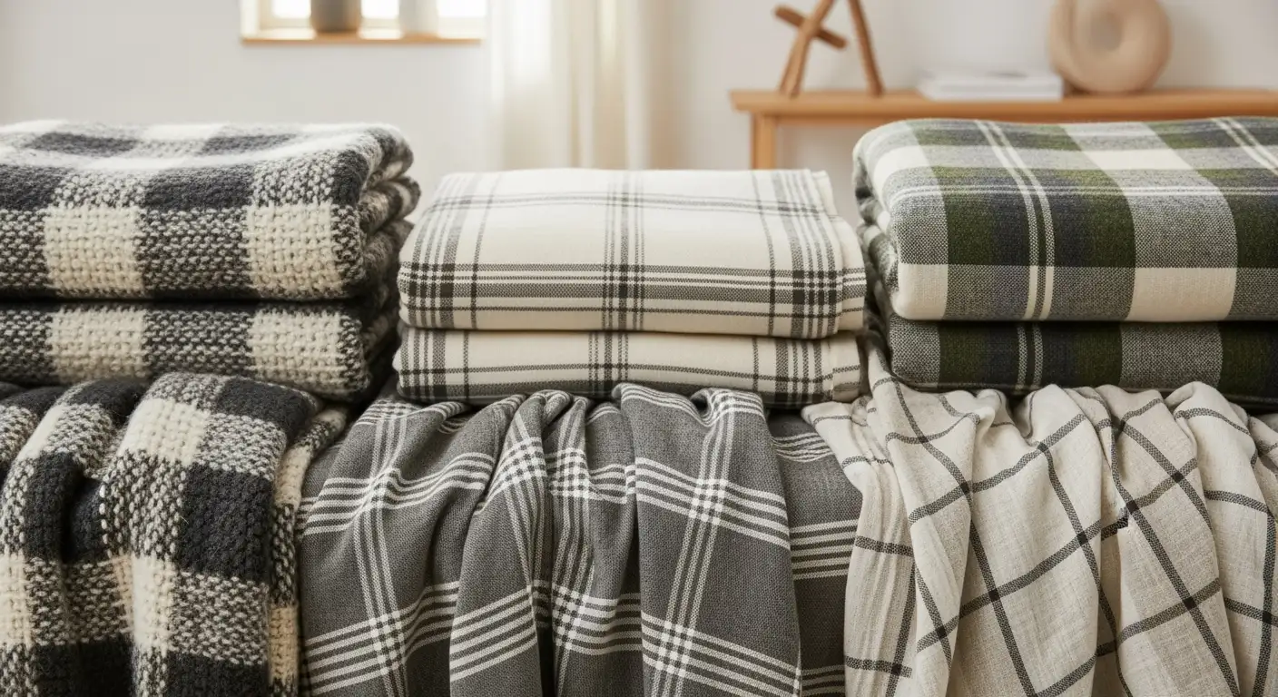 Beste plaid 2025: Zachte katoen, teddy fleece & zigzag plaid op sofa en houten tafel.
