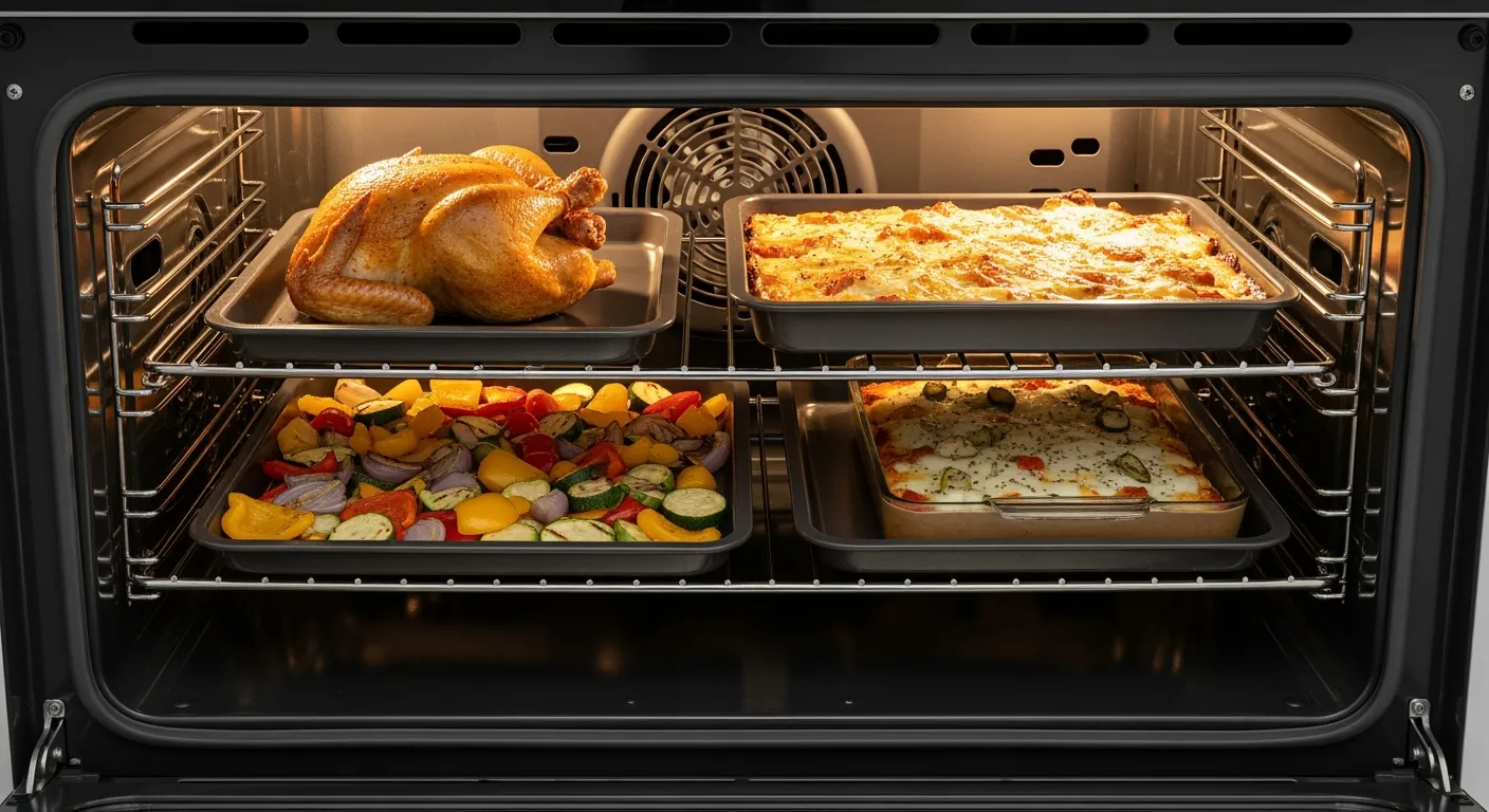 Heteluchtoven in actie: kip, groenten en ovenschotel tegelijkertijd bereid.