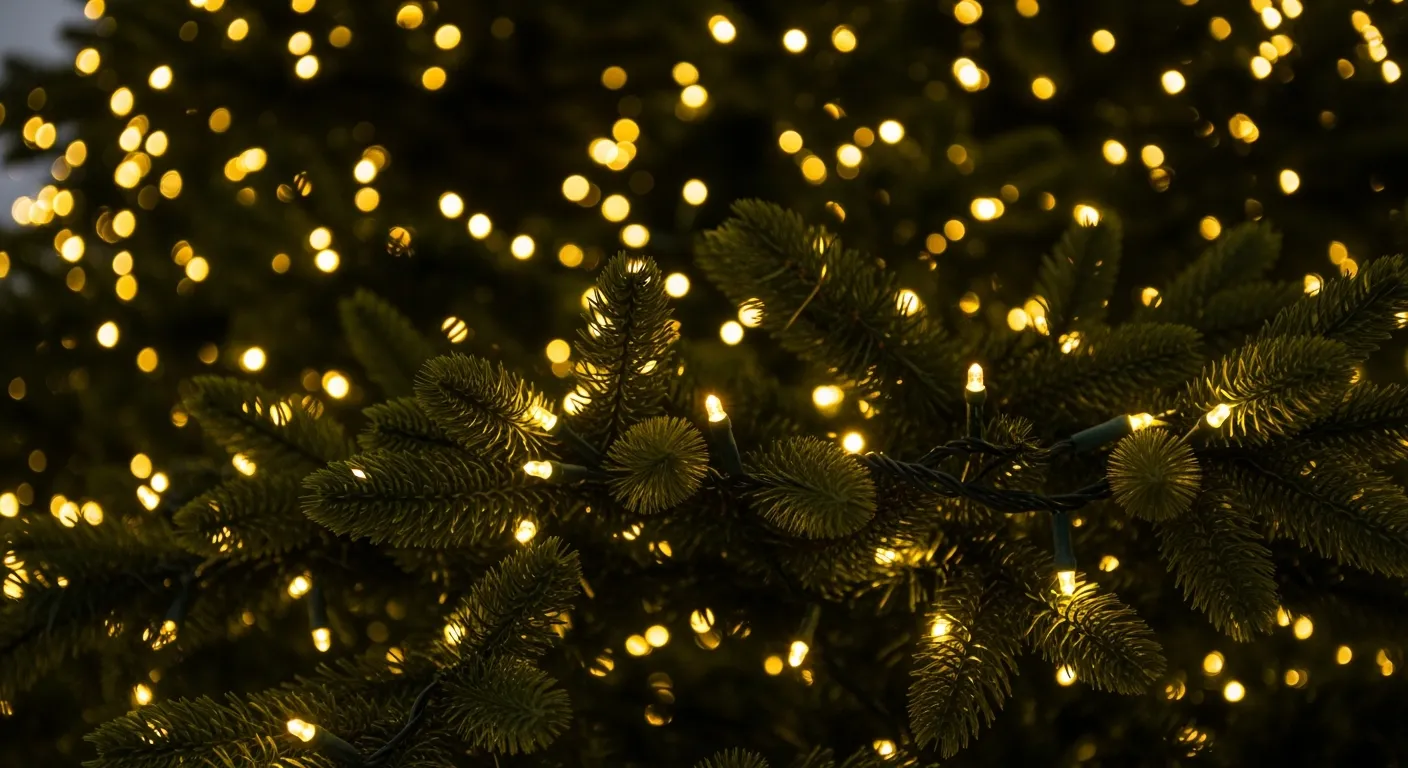 Warm witte LED kerstboomverlichting schittert tussen de groene naalden. Sfeervol licht kerstboom detail.