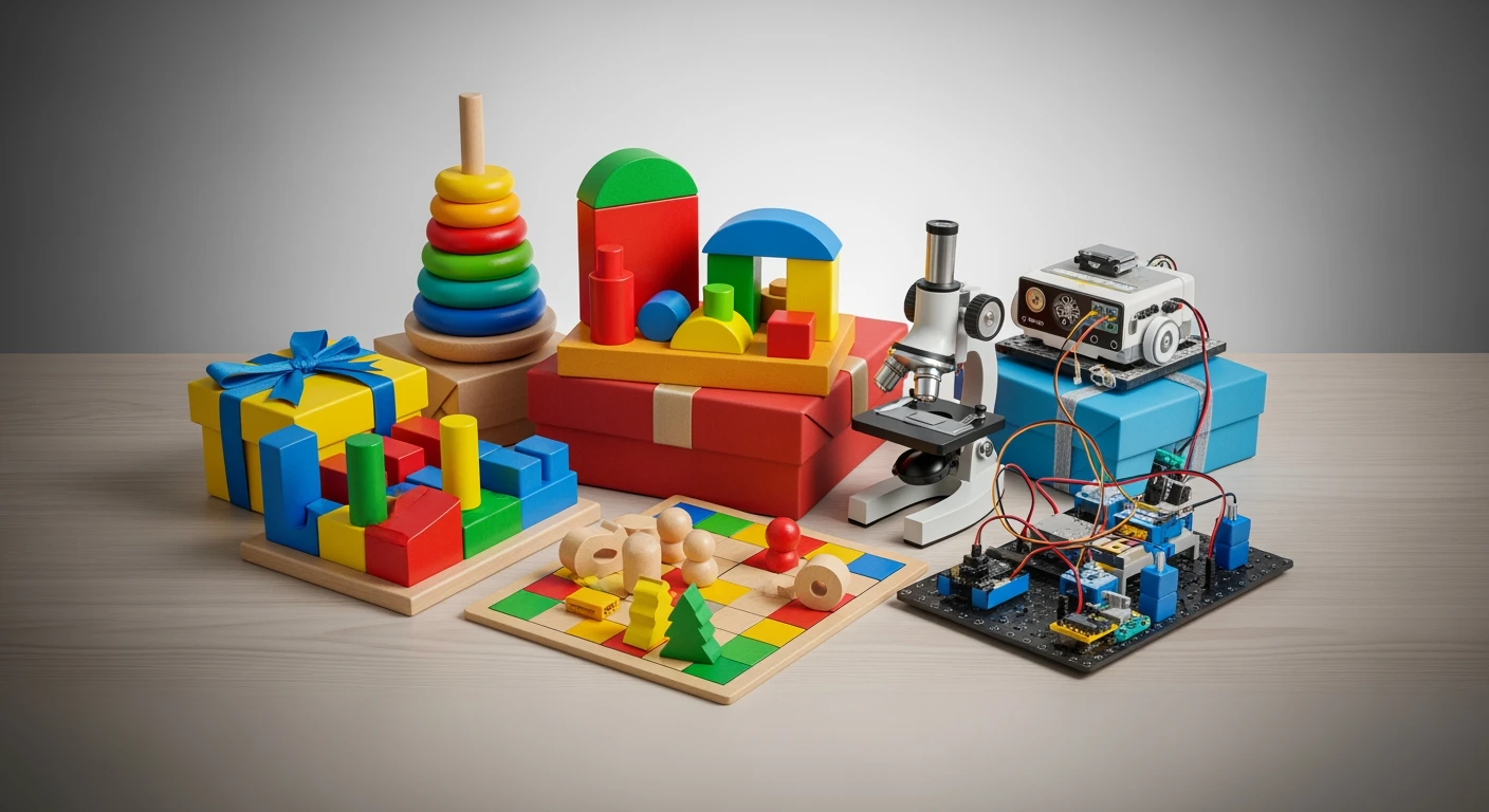 Kerstcadeau kinderen: Houten speelgoed, blokken, spel, microscoop en robotica set op lichte houten ondergrond.