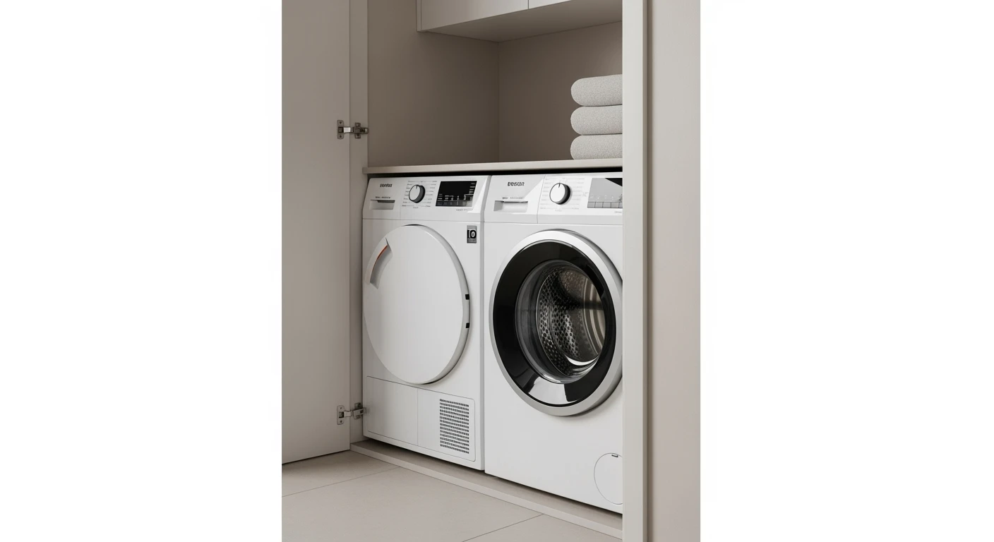Warmtepompdroger naast wasmachine ingebouwd in kast.