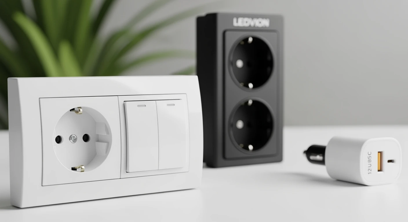Beste schakelmateriaal: Uni inbouw combinatie, Ledvion buiten stopcontact & USB C autolader.