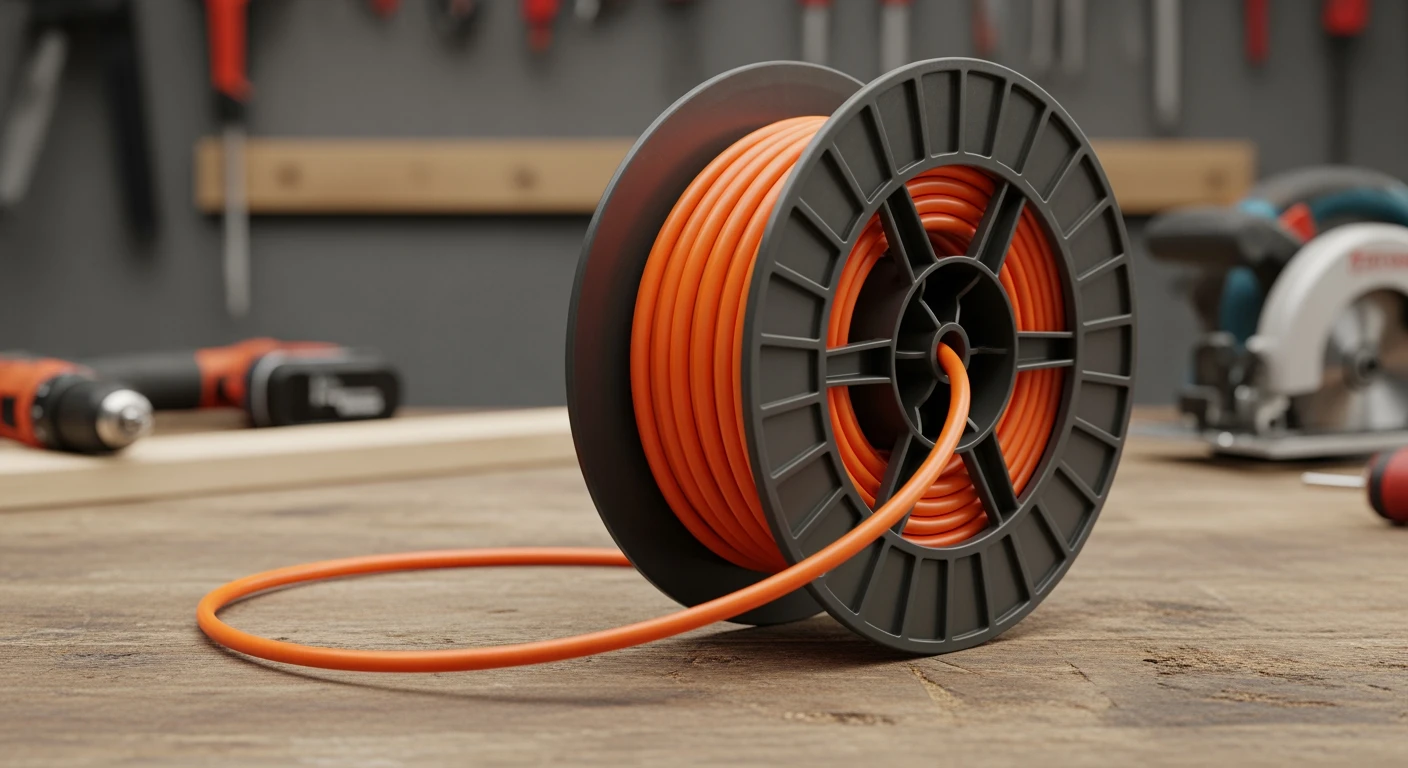 Oranje kabel op een **haspel** op een werkbank. Gereedschap op de achtergrond.