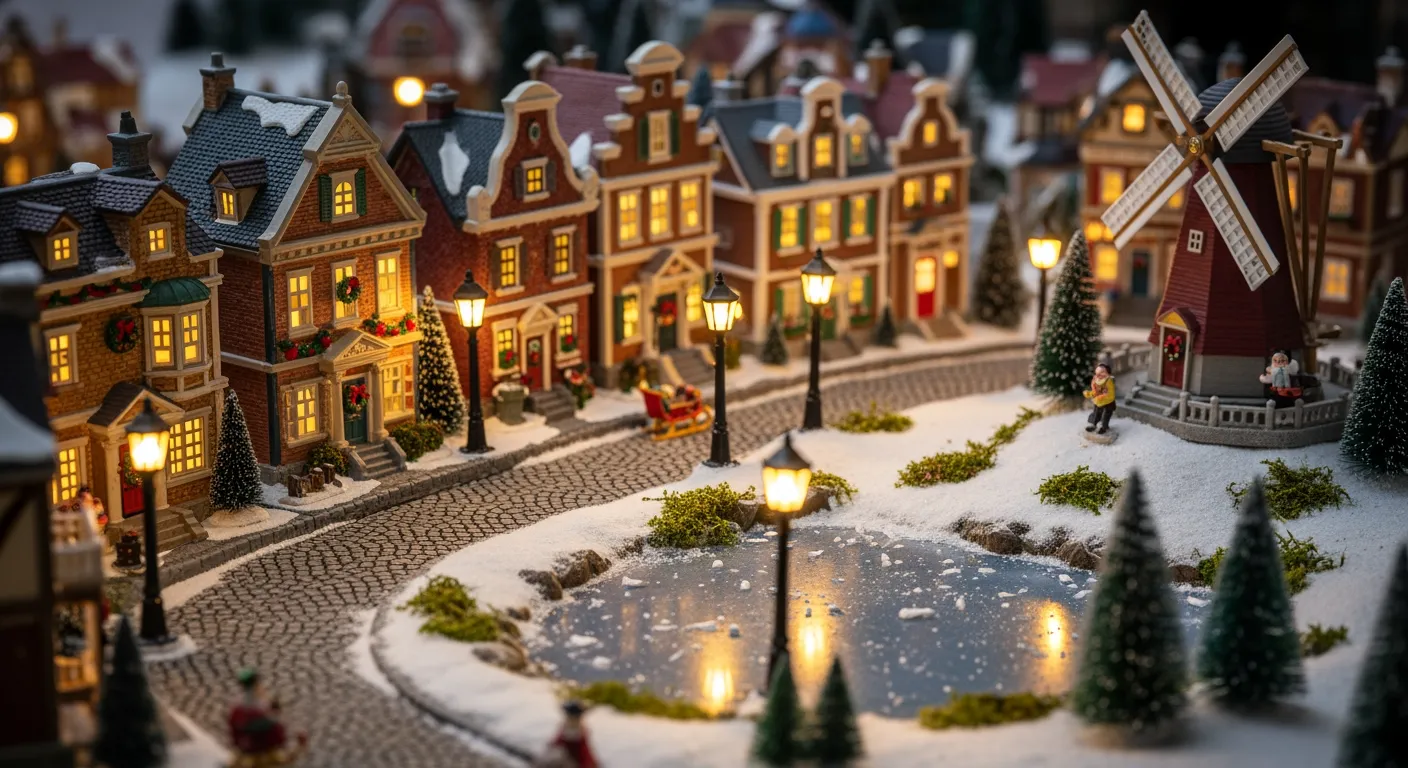 Betoverend miniatuur kerstdorp met kersthuisjes, vijver en sfeervolle verlichting.