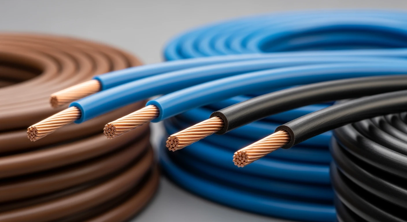 Elektra installatiedraad (VD-draad) in bruin, blauw en zwart. Koperen geleiders zichtbaar.