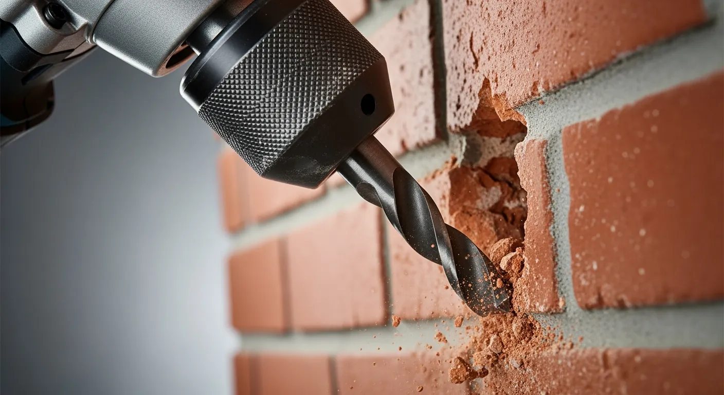 Klopboormachine boort in rode baksteen. Makita klopboormachine in actie, stof en fragmenten zichtbaar.