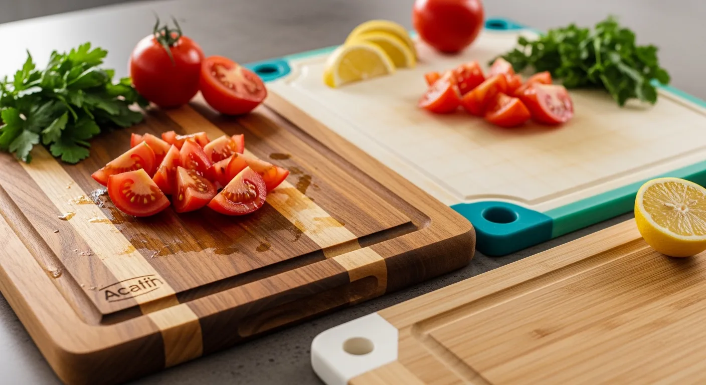 Houten, plastic en bamboe snijplank met verse ingrediënten. Kies de juiste snij plank!