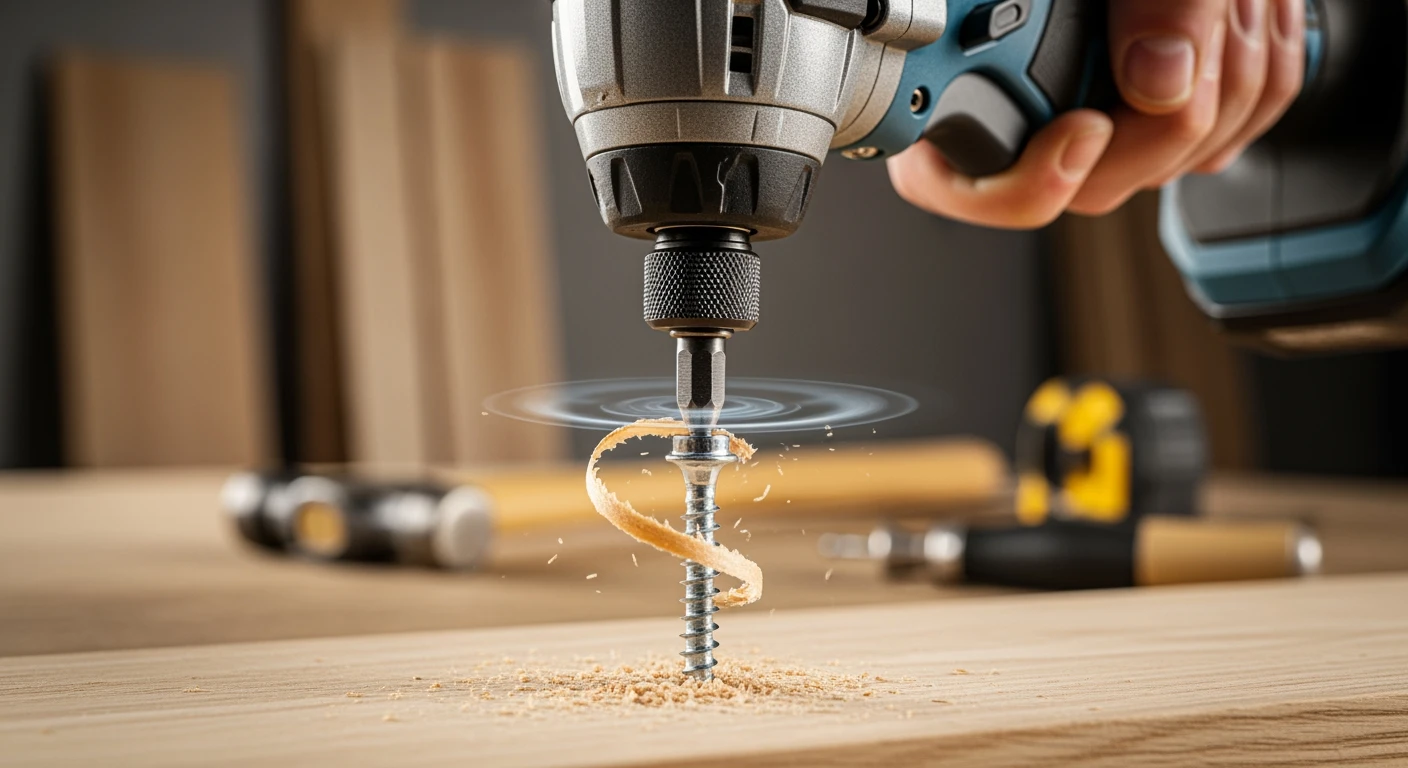 Slagschroefmachine schroeft moeiteloos in hardhout. Krachtig en precies gereedschap voor elke klusser.