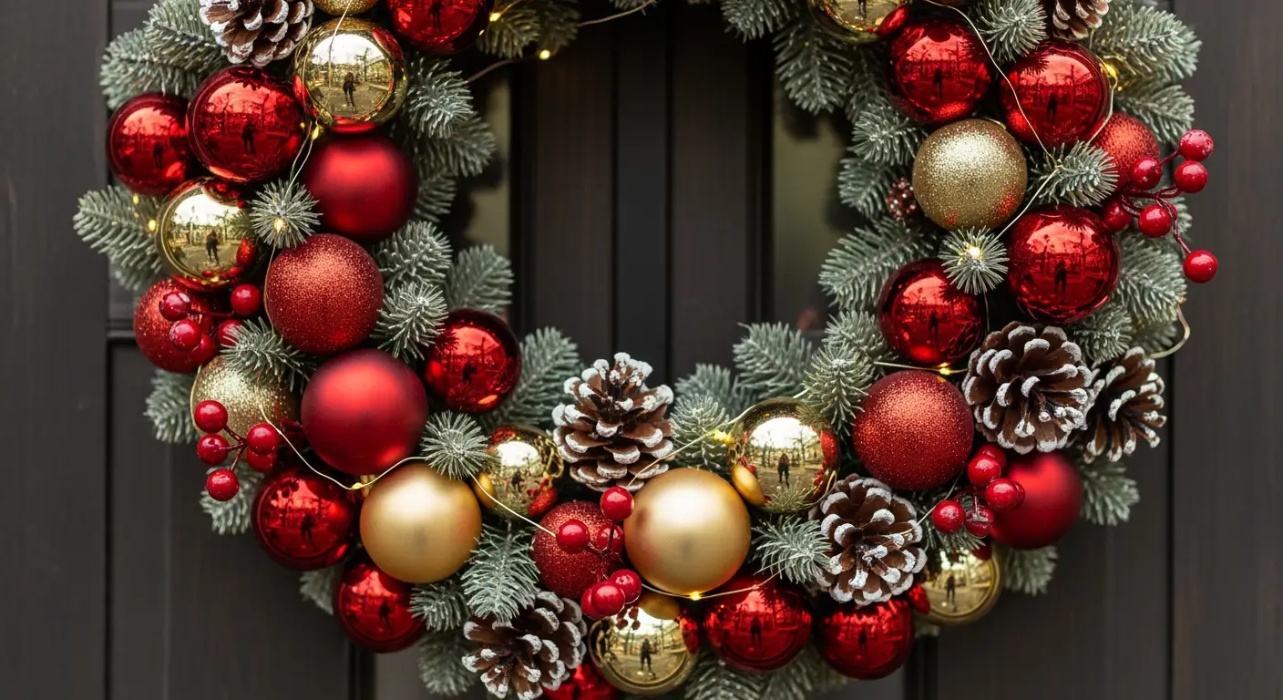 Luxe kerstkrans met rode en gouden ornamenten, dennenappels en warm witte LED-verlichting aan rustieke houten deur.