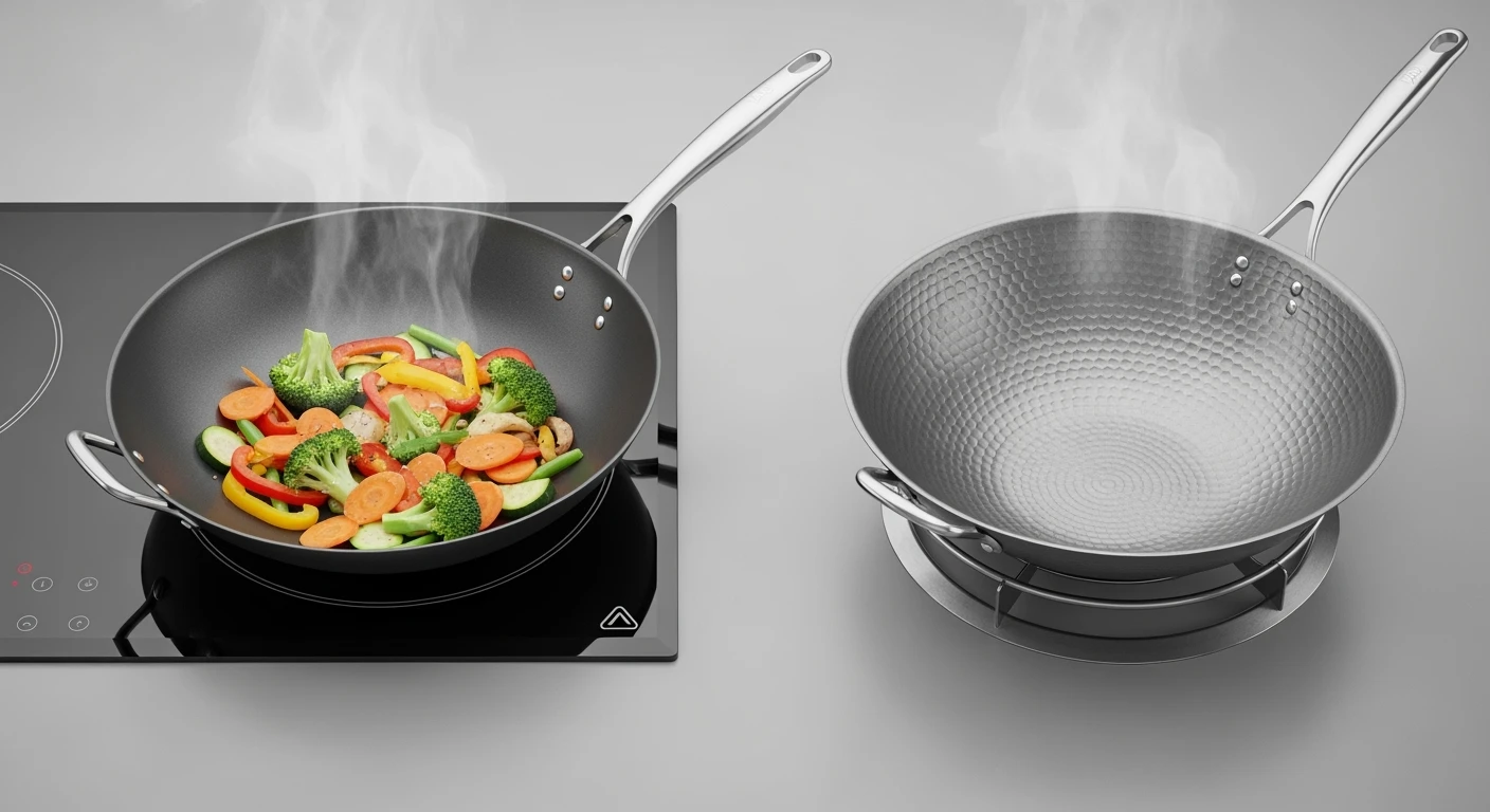 Wok pan: platte wokpan inductie met groenten, ronde koolstofstalen wok.