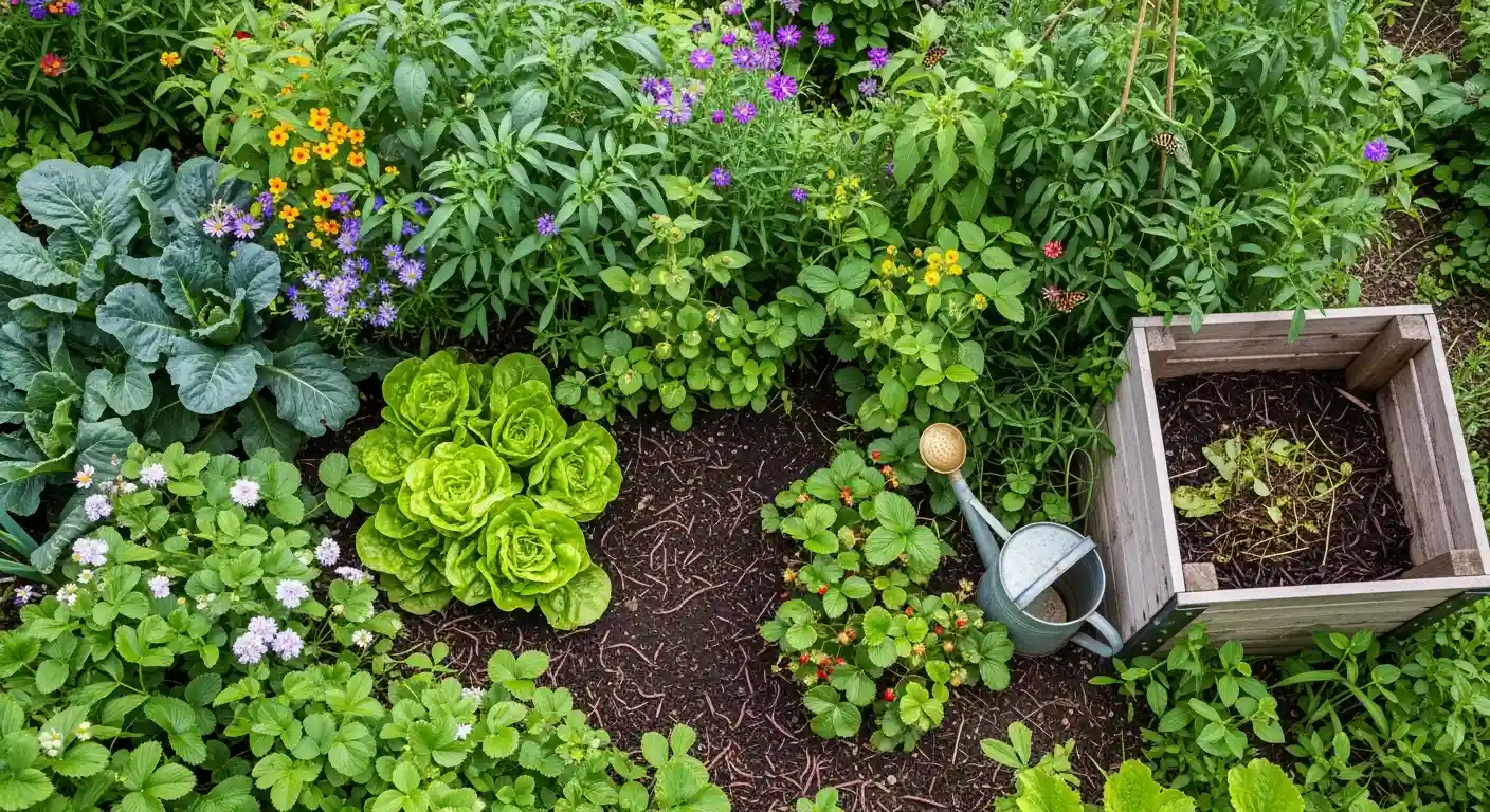 Bloeiende ecologische tuin met groenten, bloemen, compost en insecten.