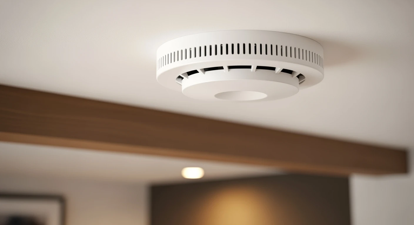 Moderne rookmelder aan plafond. Strak design voor veiligheid in huis.