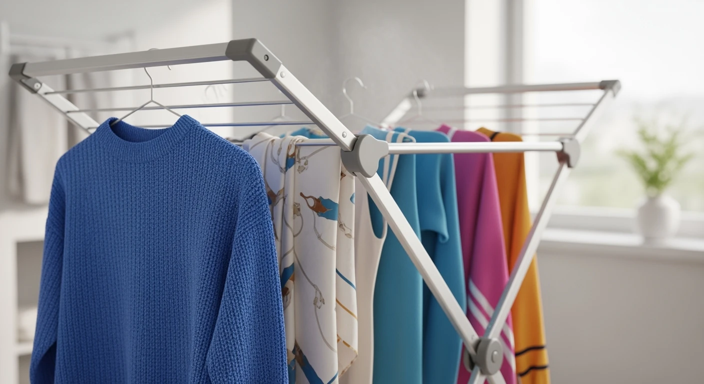Modern droogrek met kleding in lichte wasruimte. Duurzaam wasrek voor truien, sjaals en sportkleding.